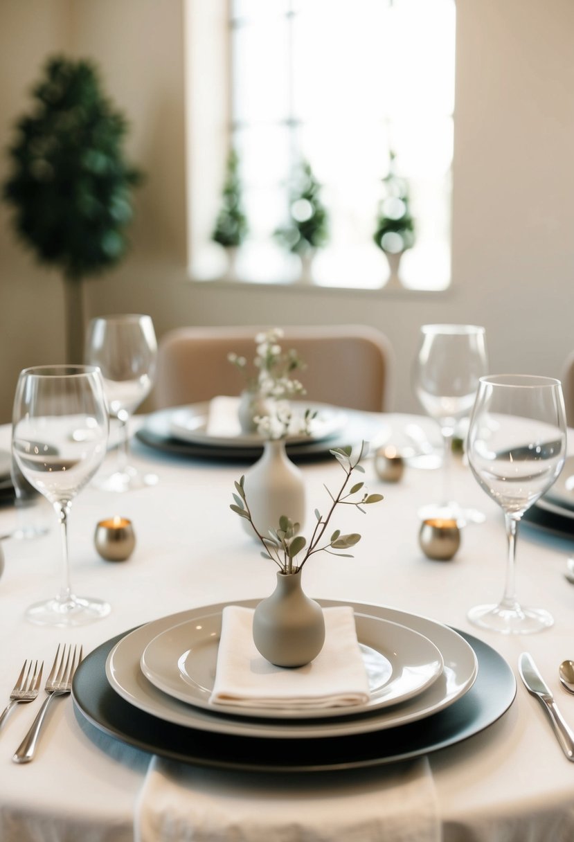 A simple, elegant table setting with small, tasteful centerpieces and neutral colors