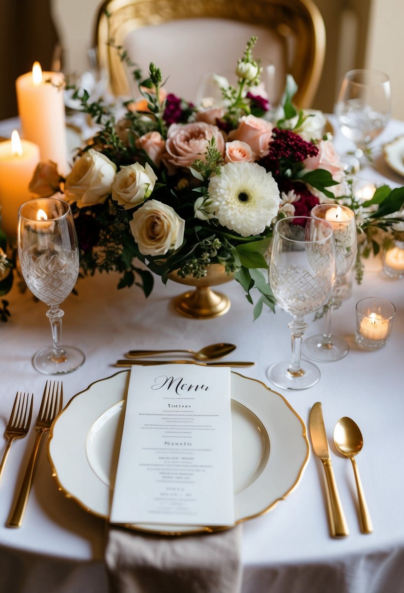 A beautifully set dining table with elegant place settings, fine china, and a personalized menu, surrounded by lush floral arrangements and soft candlelight