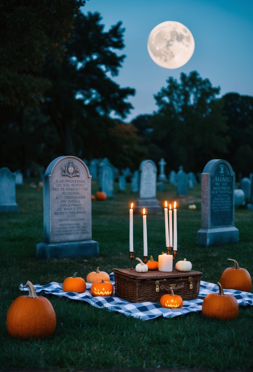 A moonlit picnic in a graveyard, with candles and pumpkins