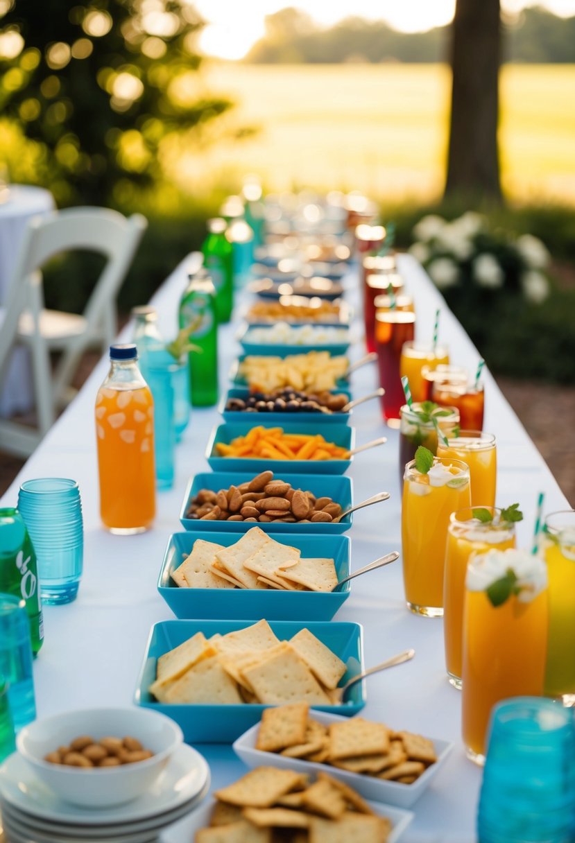 A table with a variety of drinks and snacks, set up for self-service at a casual wedding reception