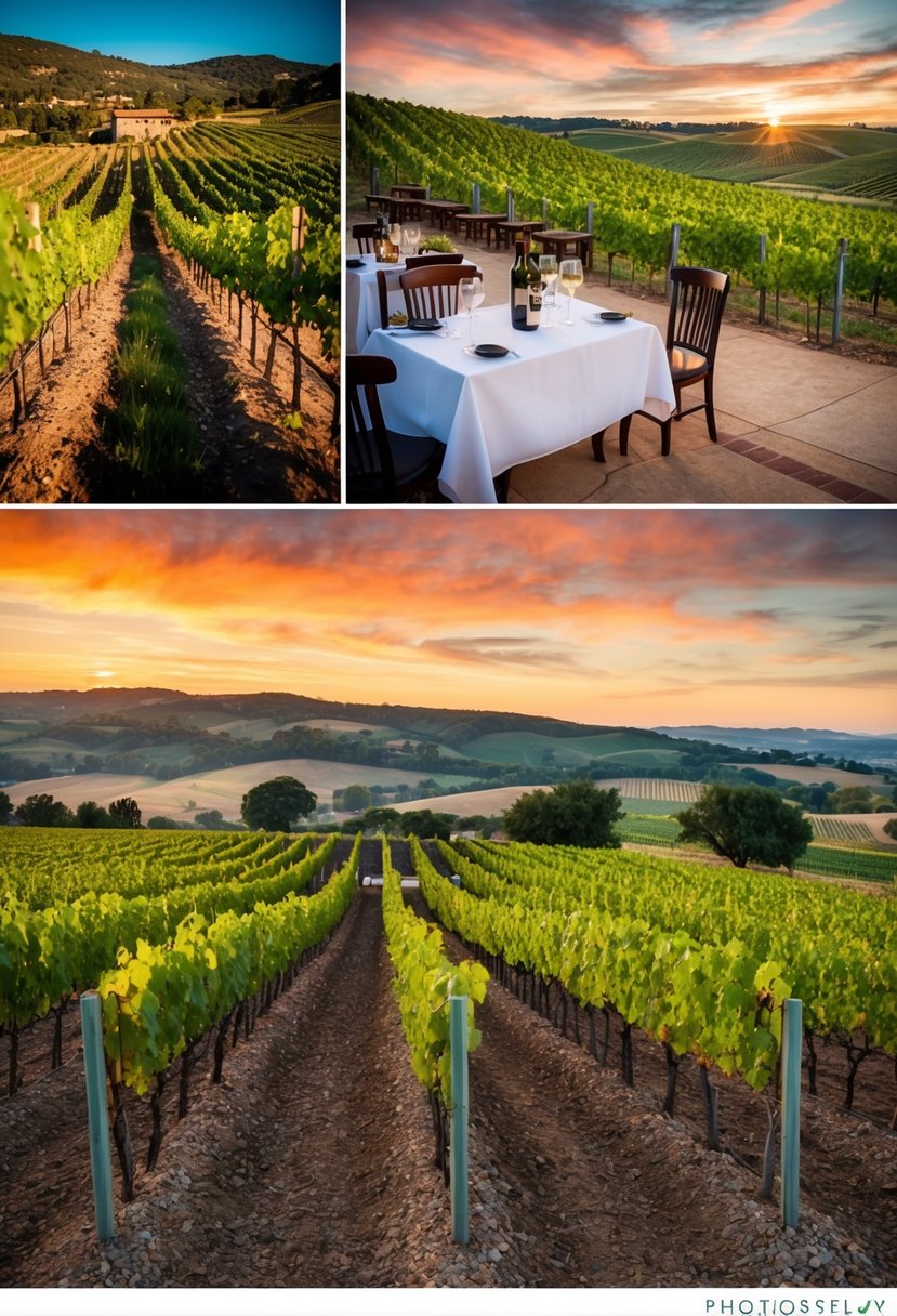 A rustic vineyard setting with rows of grapevines, a charming wine tasting area, and a picturesque view of rolling hills and a sunset