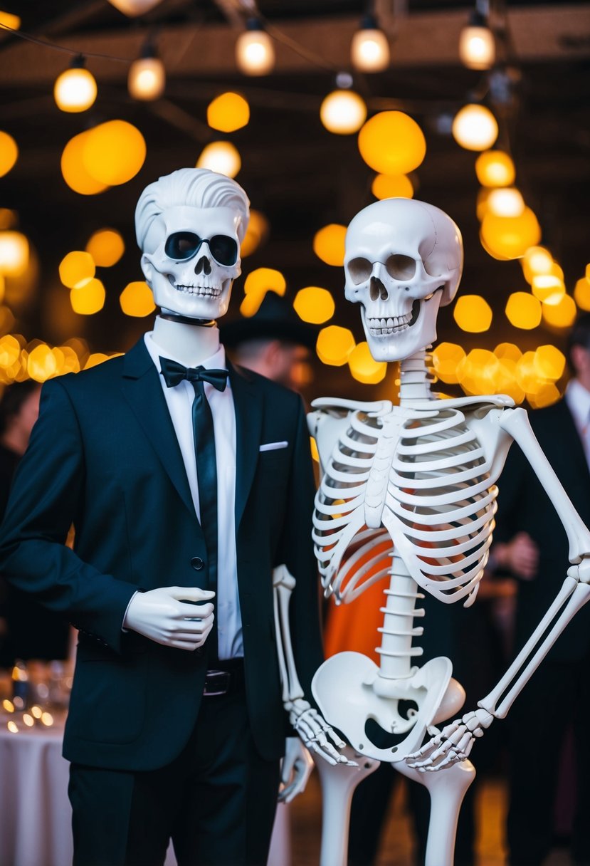 A mannequin and a skeleton stand side by side, each dressed as a famous duo for a Halloween costume party