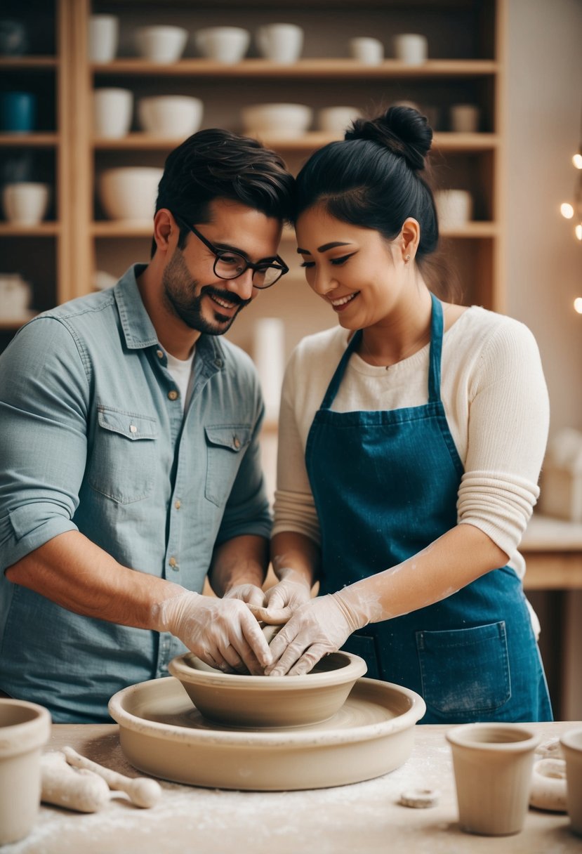 A couple shaping clay on a pottery wheel in a cozy studio