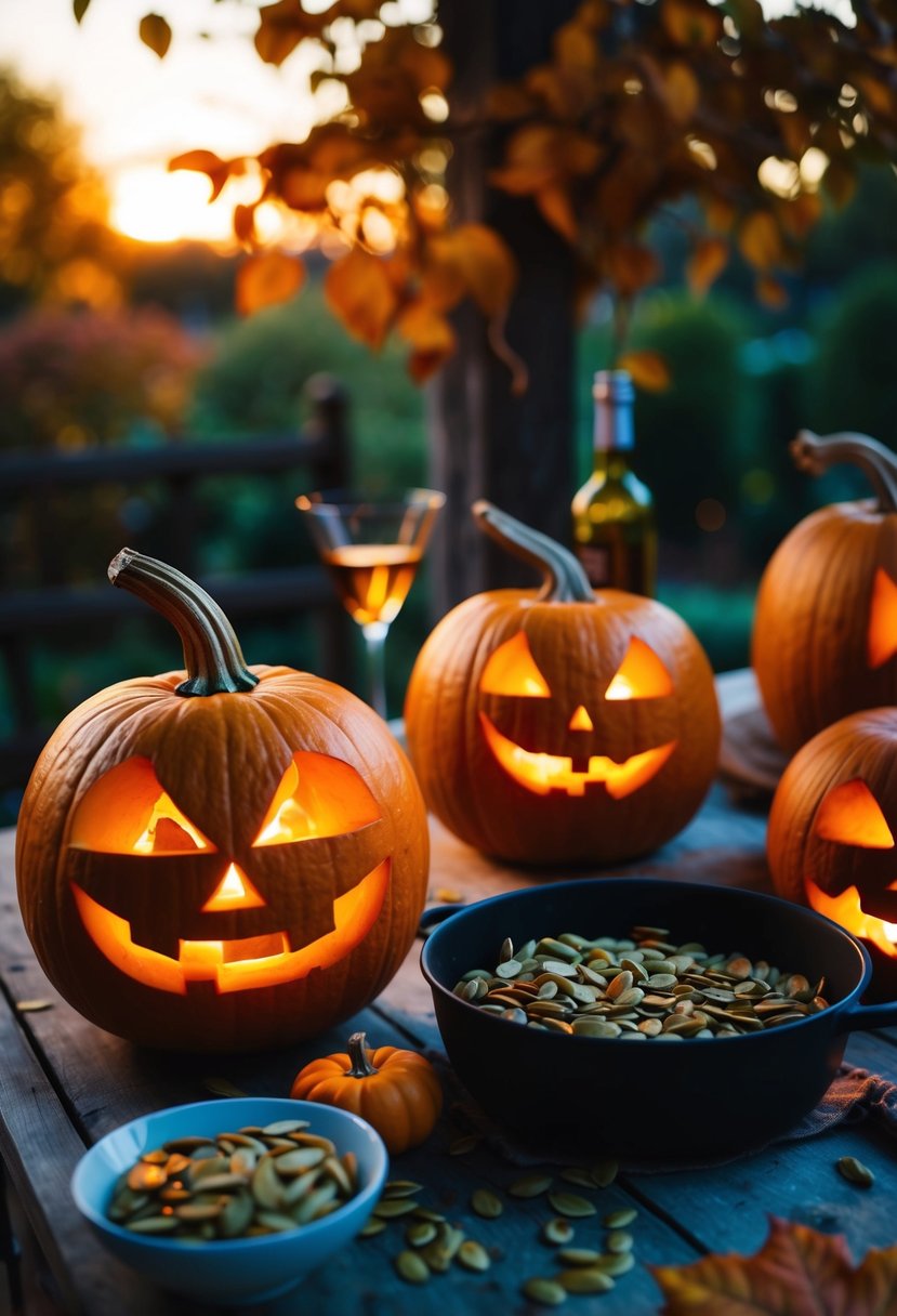 A cozy autumn evening: pumpkins being carved, seeds roasting, and a romantic ambiance for a Halloween date