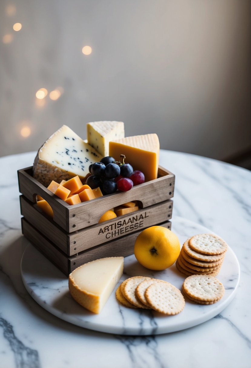 A rustic wooden crate filled with assorted artisanal cheeses, accompanied by a selection of crackers and fruits, elegantly displayed on a marble serving board