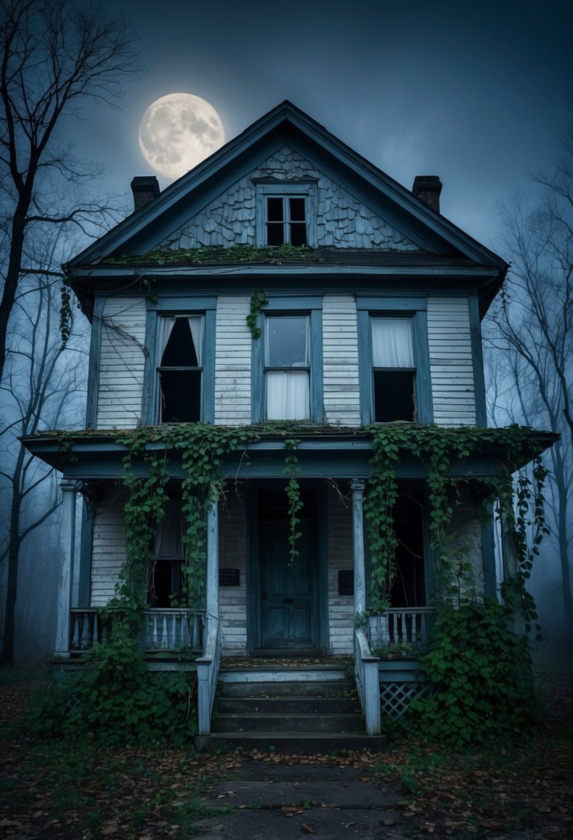 A spooky old house with broken windows and creeping vines, surrounded by fog and eerie moonlight