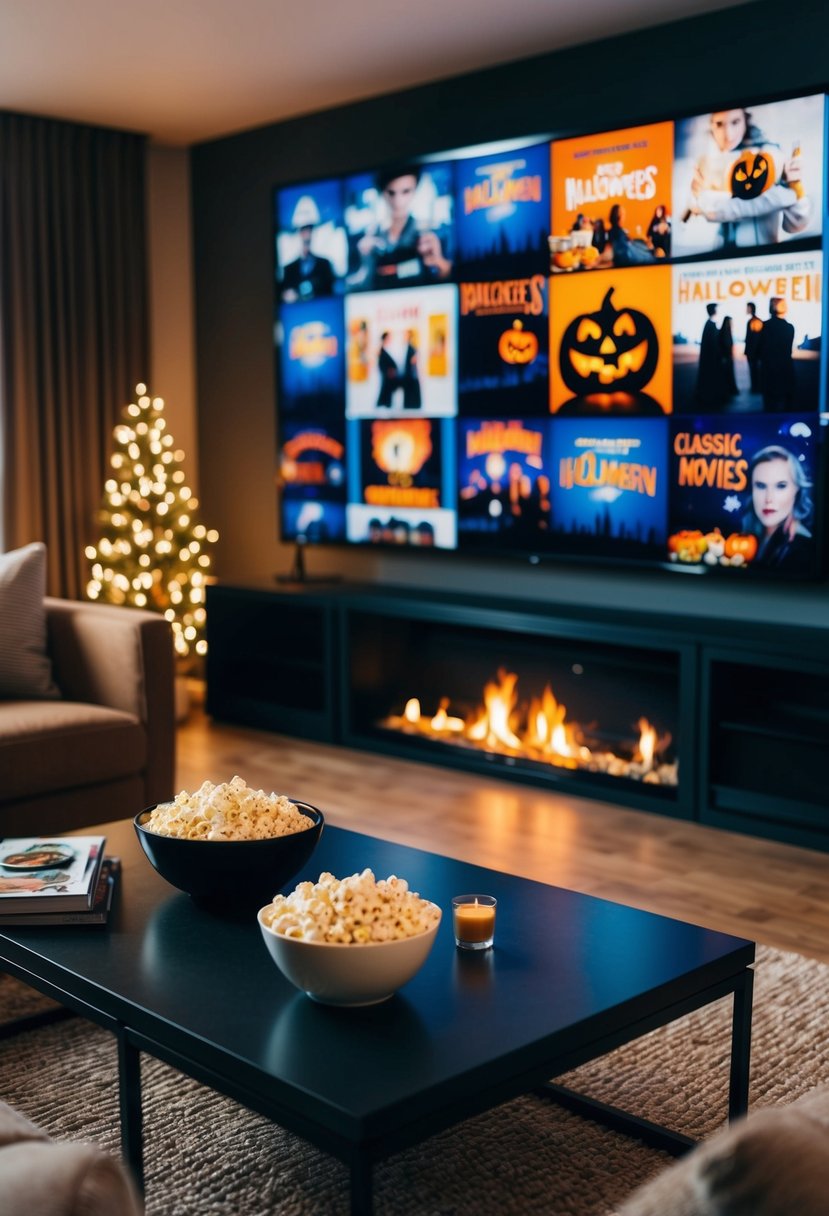 A cozy living room with a flickering fireplace, a big screen playing classic Halloween movies, and a bowl of popcorn on the coffee table