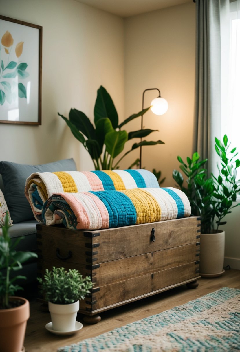 A cozy living room with a rustic wooden chest filled with colorful handmade quilts, surrounded by potted plants and soft lighting