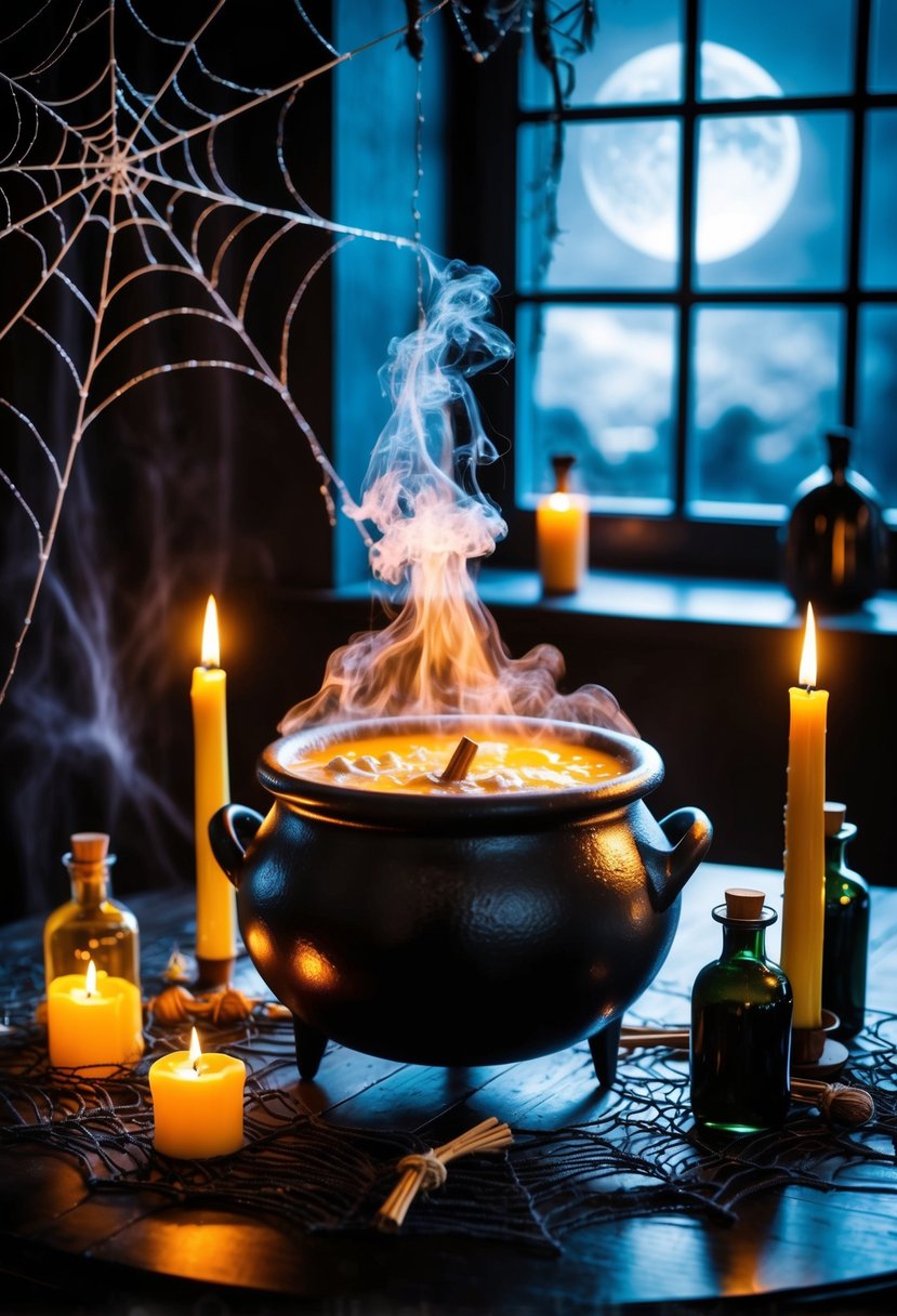 A bubbling cauldron sits on a dark wooden table surrounded by potion bottles, spiderwebs, and flickering candles. A full moon shines through the window, casting an eerie glow on the scene