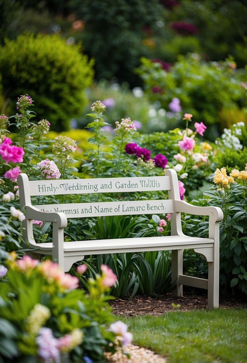 A custom-engraved garden bench nestled among blooming flowers and lush greenery, with a small plaque bearing the names of the newlyweds