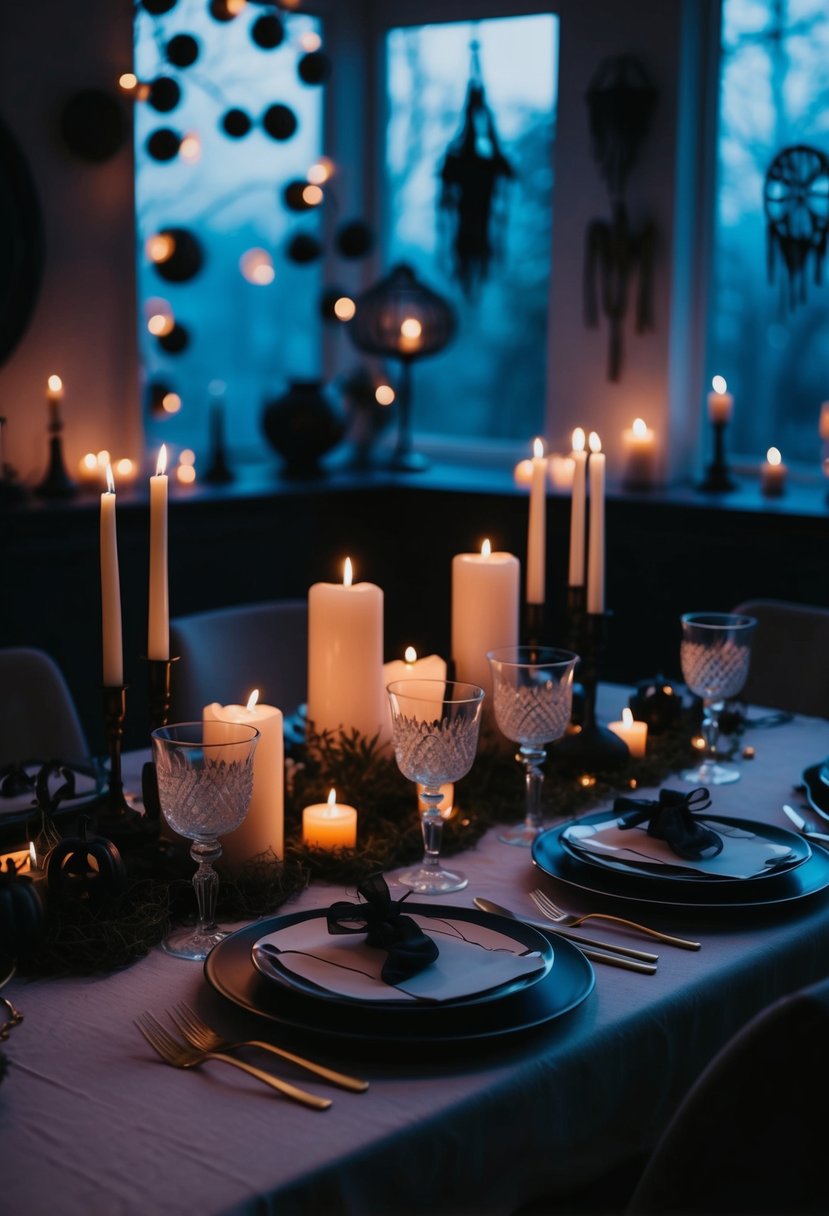 A dimly lit dining table set with eerie decorations and place settings for two, surrounded by flickering candles and mysterious props