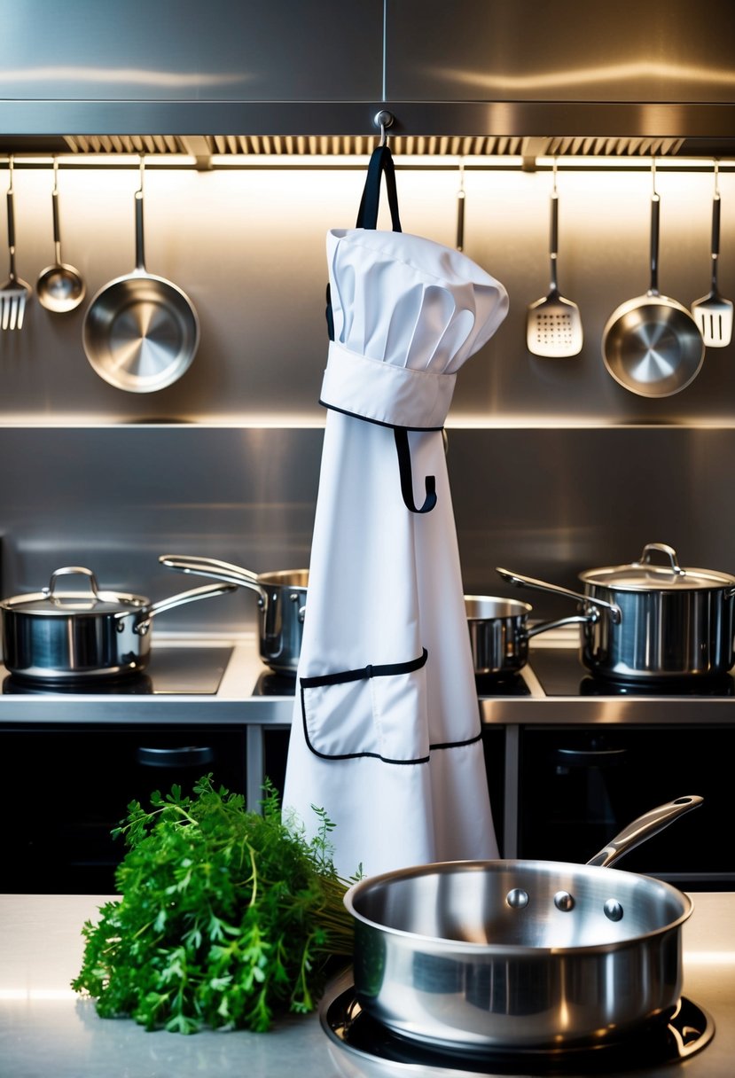 A chef's hat and apron hanging on a kitchen hook, surrounded by gleaming stainless steel cookware and utensils. A bouquet of fresh herbs sits on the counter