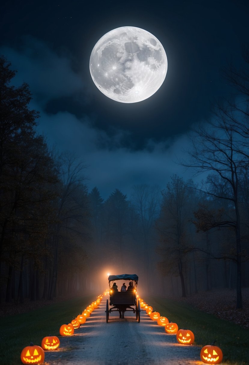 A horse-drawn wagon winds through a dark, misty forest under a full moon, with eerie jack-o-lanterns lining the path