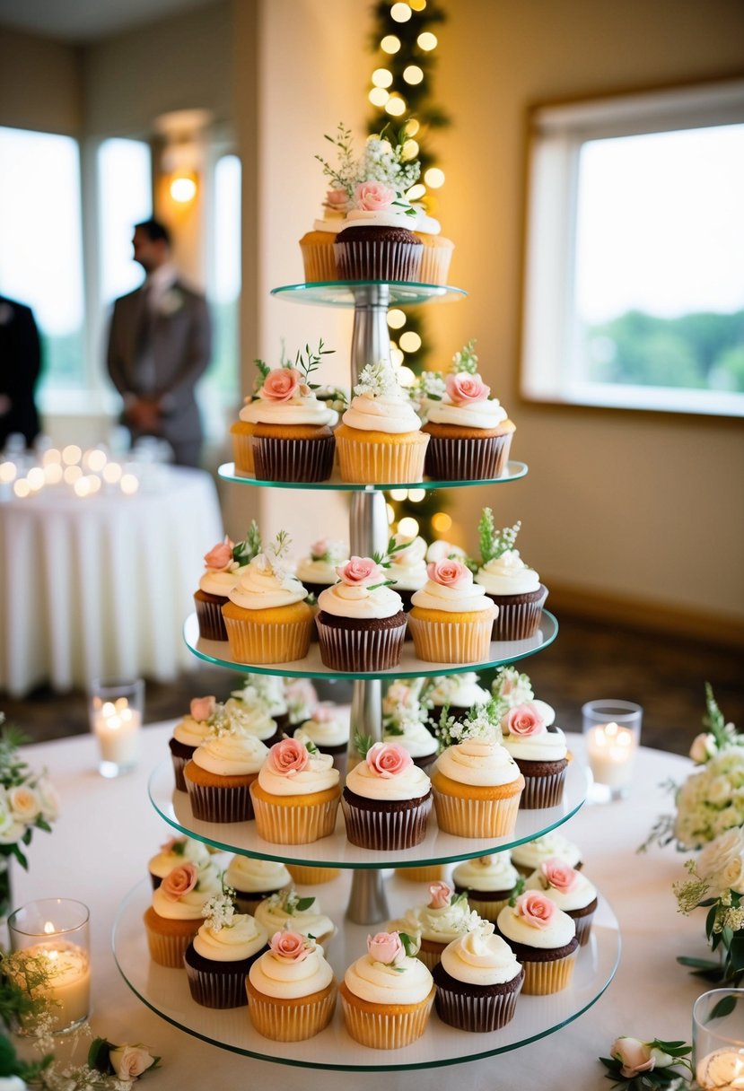 A tiered stand holds an array of elegantly decorated wedding cupcakes, accented with delicate floral arrangements and surrounded by twinkling fairy lights