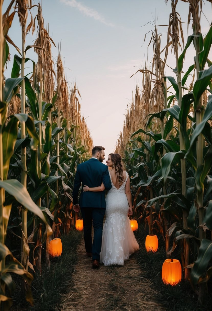 A couple wanders through a winding corn maze, surrounded by tall stalks and the glow of Halloween lanterns