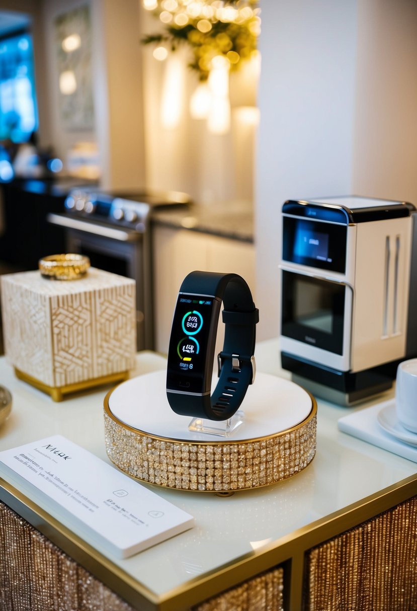 A sleek fitness tracker nestled among high-end kitchen appliances and luxury home decor on a wedding registry display