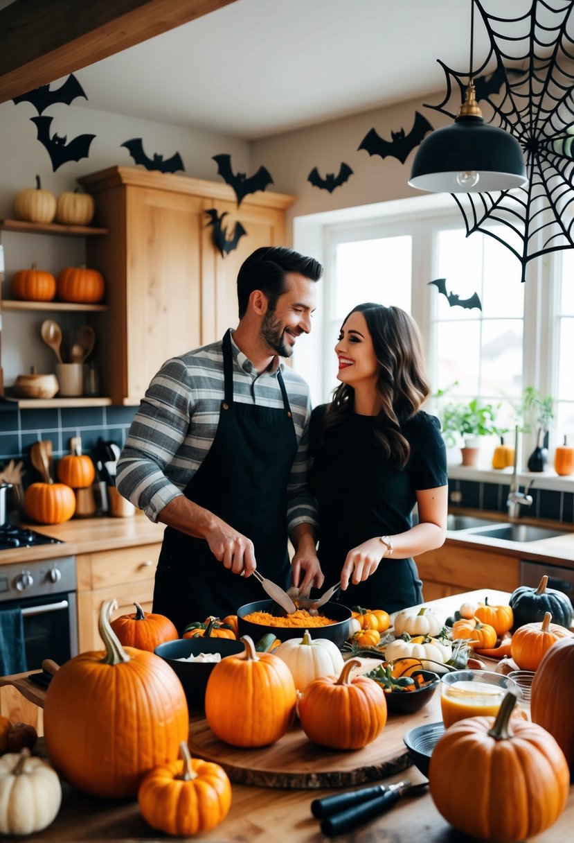 A cozy kitchen filled with pumpkins, bats, and spiderweb decorations. A couple happily cooks together, surrounded by Halloween-themed ingredients and utensils