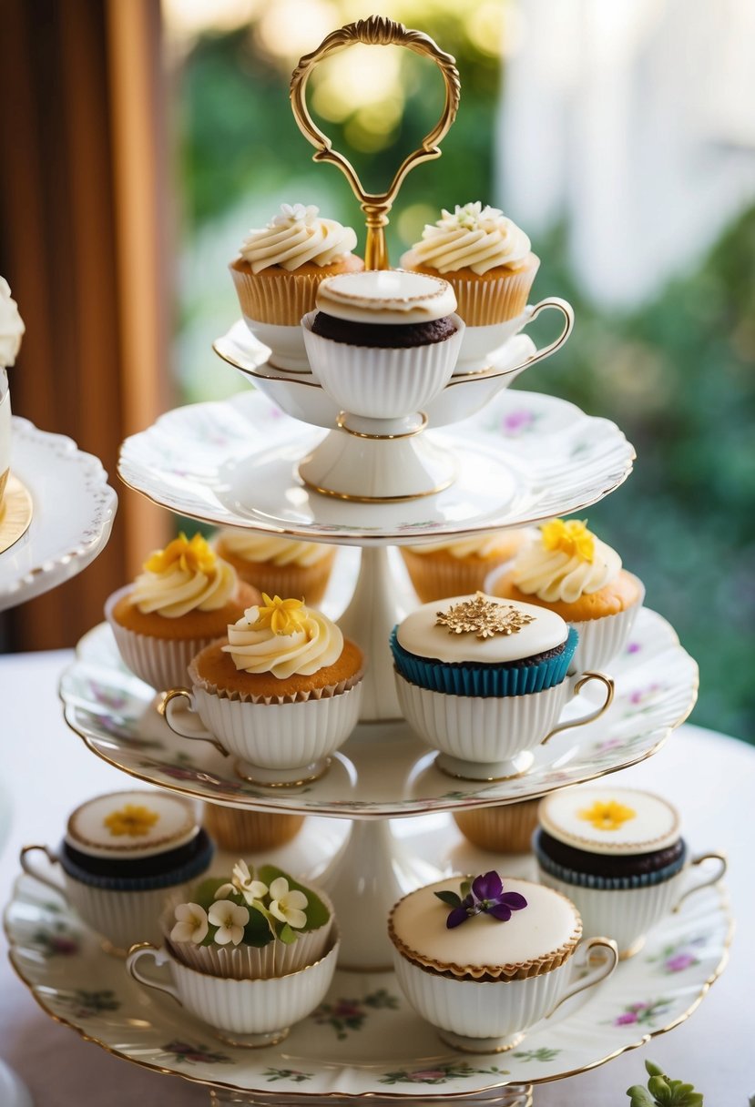 A tiered cupcake stand made of vintage teacups and saucers, adorned with delicate floral patterns, displaying an assortment of wedding cupcakes