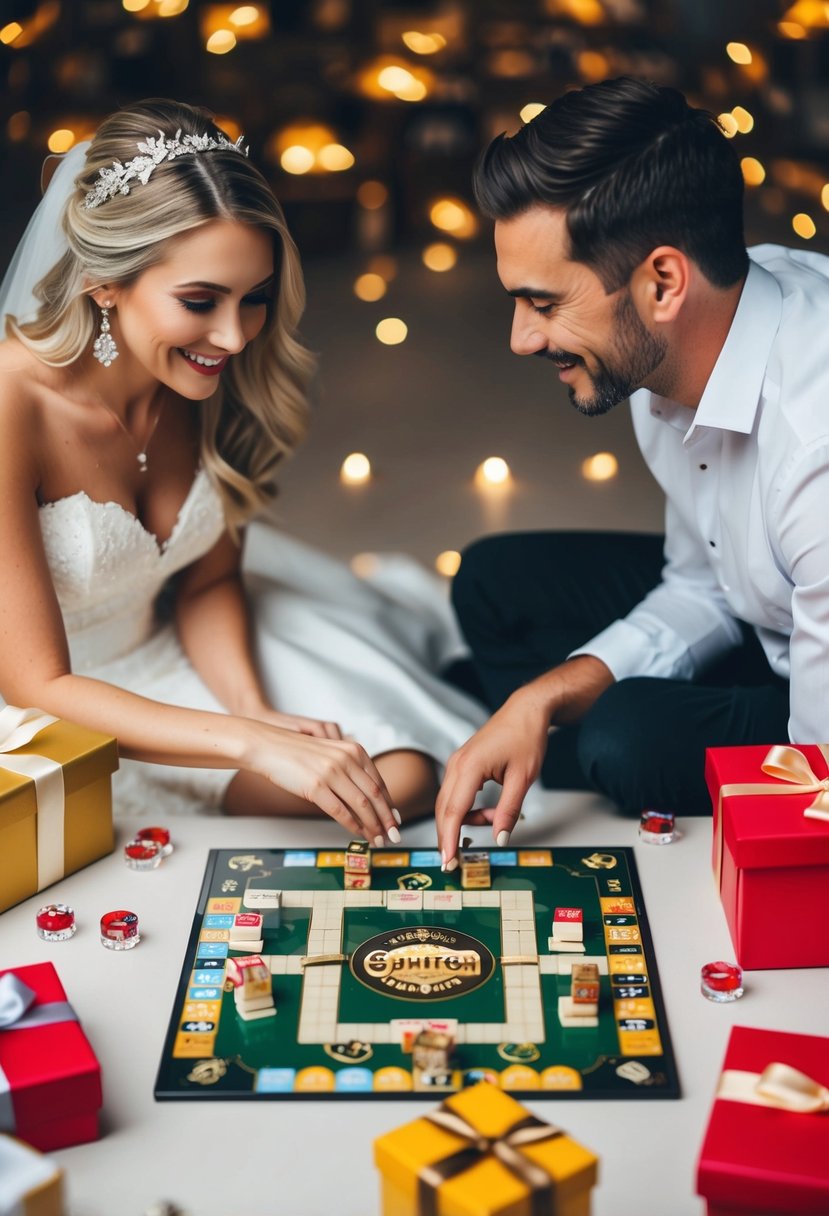 A couple playing a personalized board game surrounded by wedding gifts