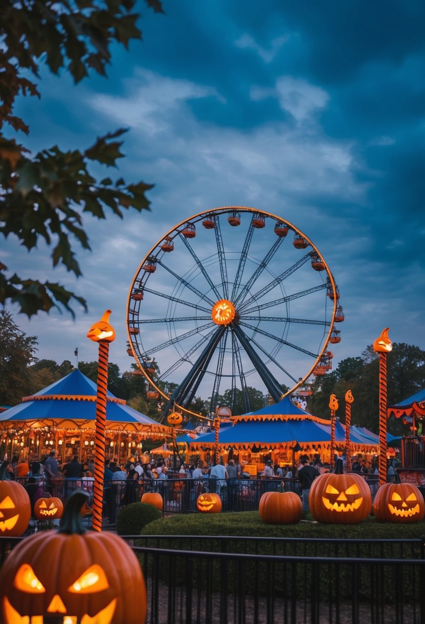 Thrilling rides adorned with spooky decorations at the amusement park's Halloween event