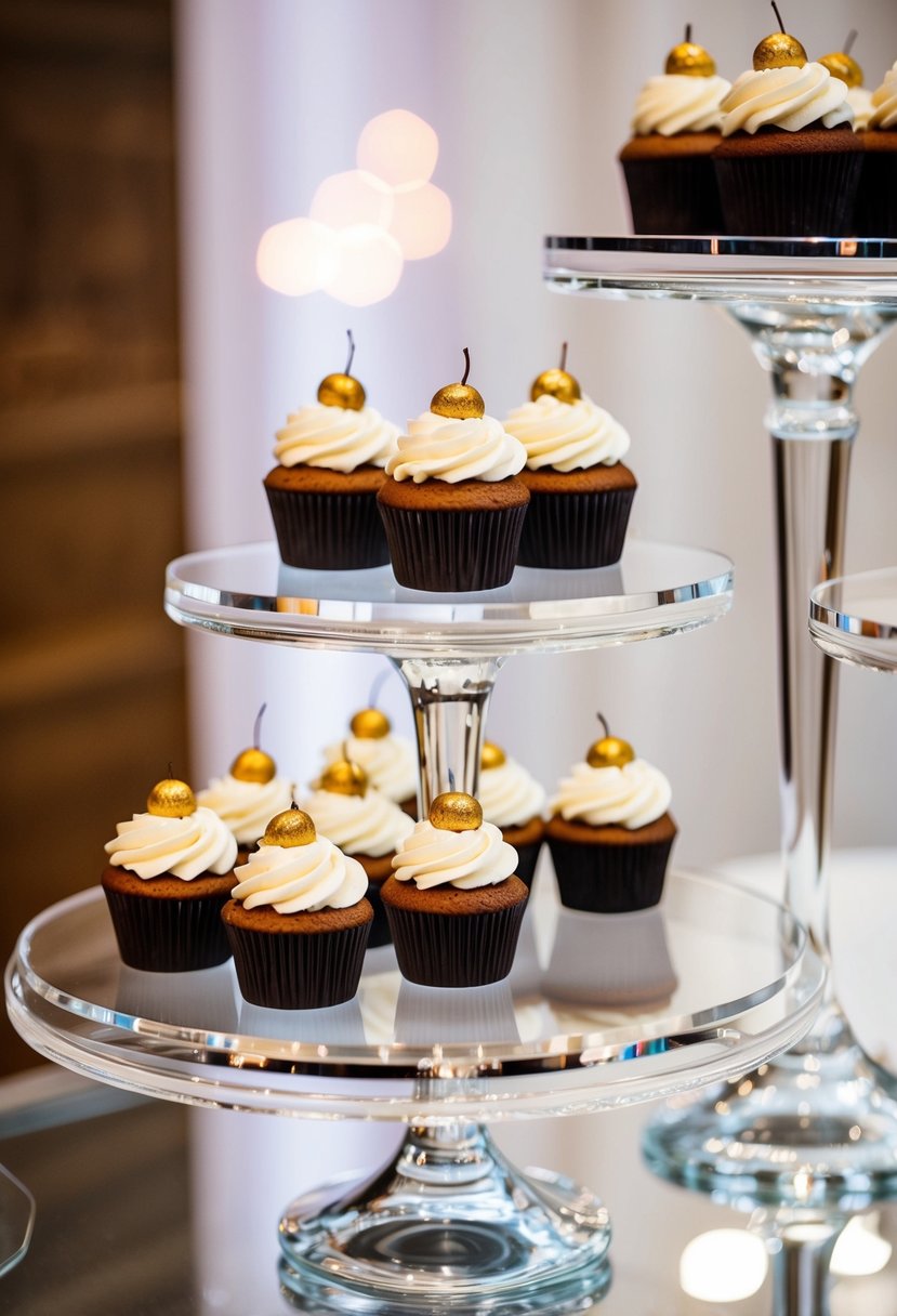 Acrylic stands hold modern cupcakes in a sleek wedding display