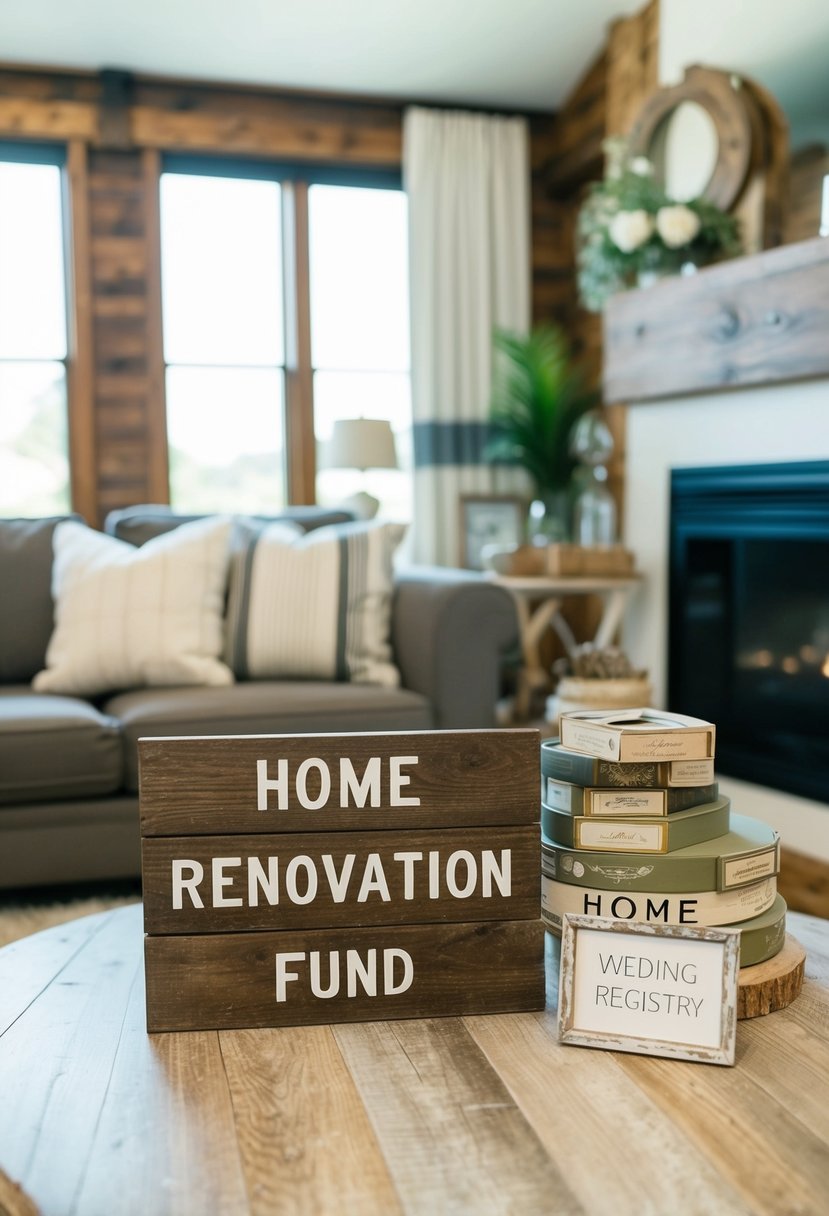 A cozy living room with a rustic wooden sign reading "Home Renovation Fund" next to a stack of wedding registry items