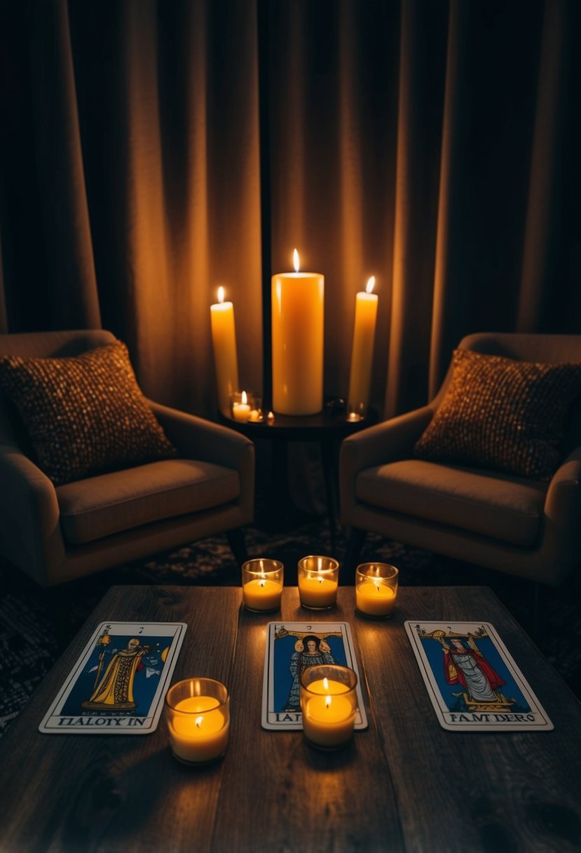 A dimly lit room with candles, a tarot deck, and two cozy chairs set up for a Halloween-themed tarot reading session for couples