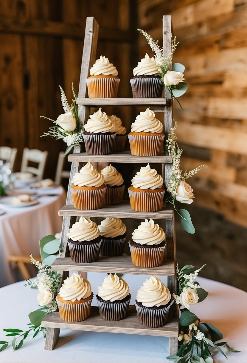 Cupcakes arranged on a wooden ladder with floral accents for a rustic wedding display