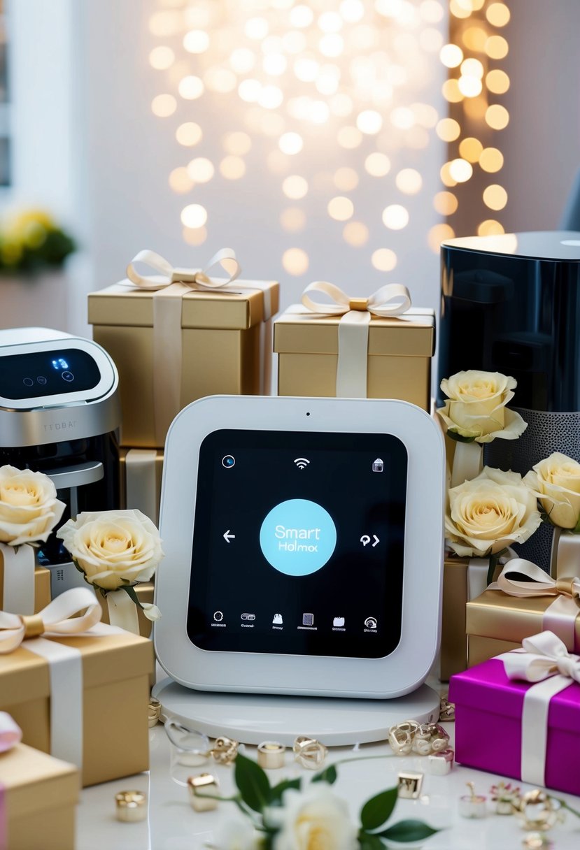 A smart home hub surrounded by luxurious wedding gifts, from high-tech kitchen appliances to state-of-the-art entertainment systems