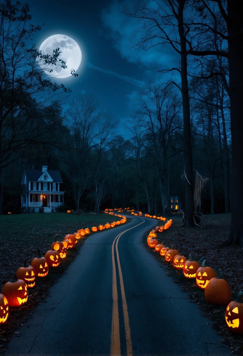 A spooky, moonlit road winds through a dark forest, with jack-o'-lanterns and eerie decorations lining the path. A haunted house looms in the distance