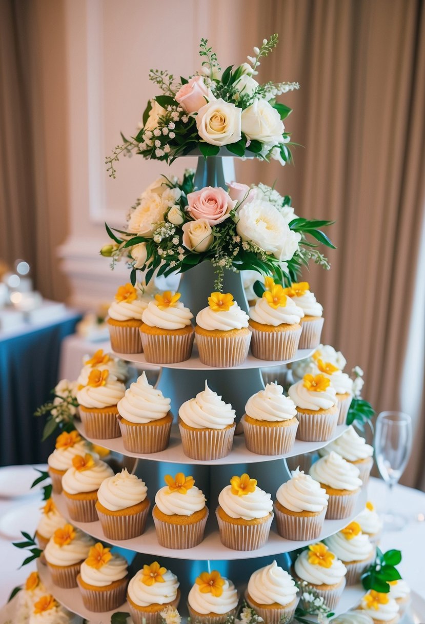 Floral arrangements cascade between tiers of wedding cupcakes, adding a touch of elegance to the display