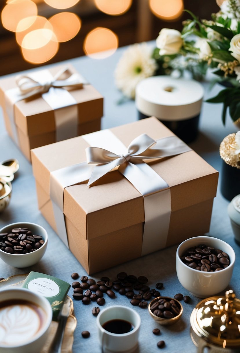 A beautifully wrapped luxury coffee subscription box surrounded by elegant wedding registry items