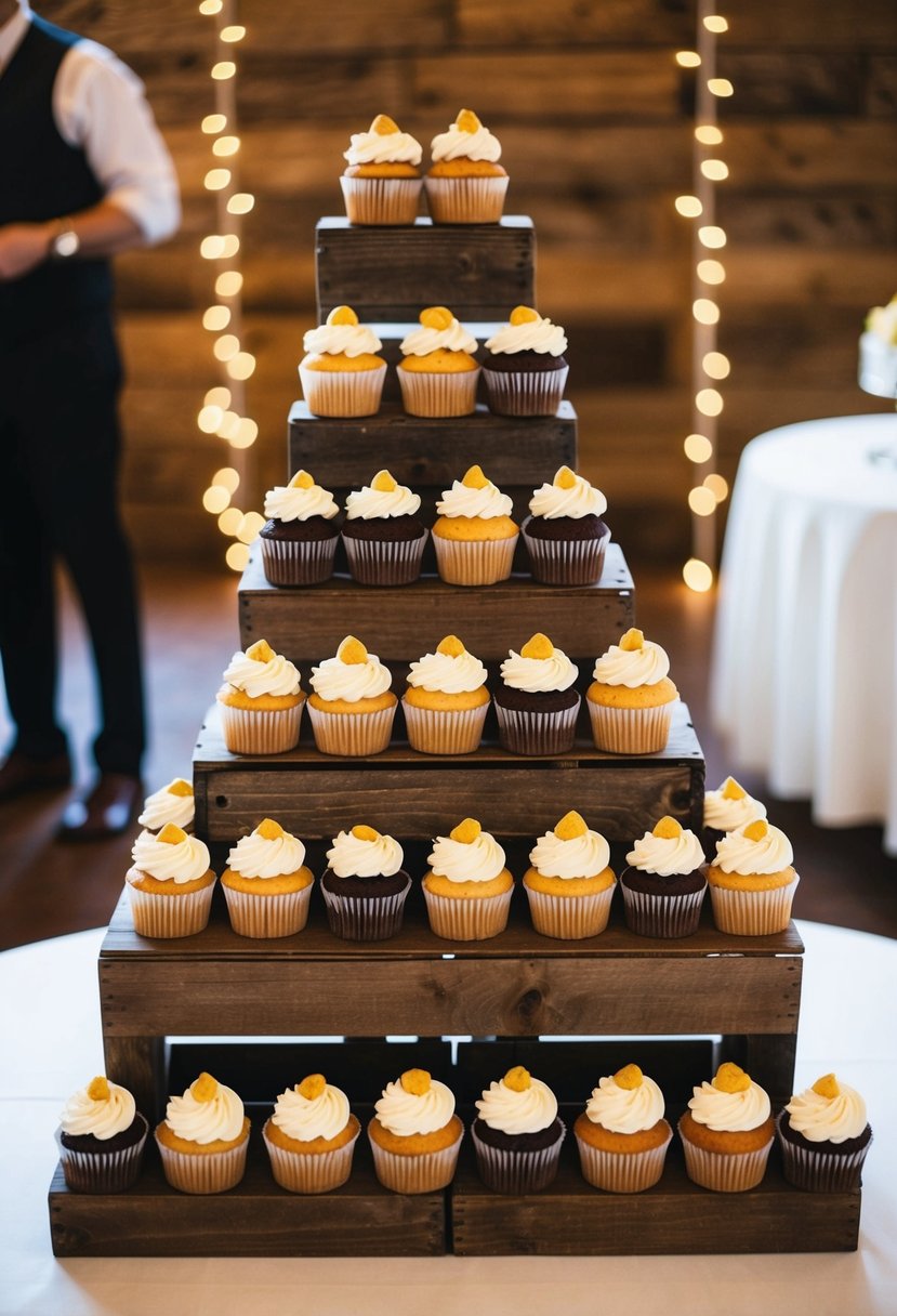 Cupcakes arranged on wooden crates at varying heights for a wedding display