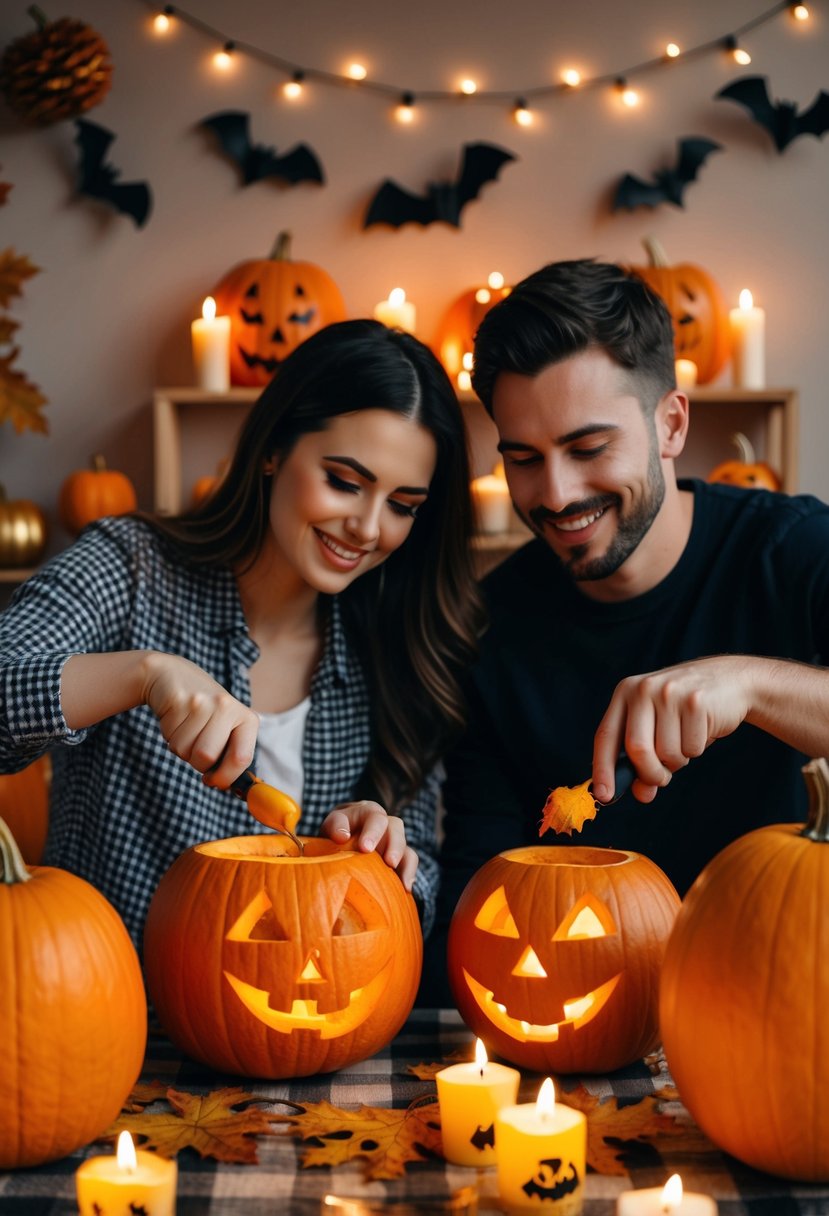 A couple carving pumpkins together at a table surrounded by Halloween decorations and flickering candles