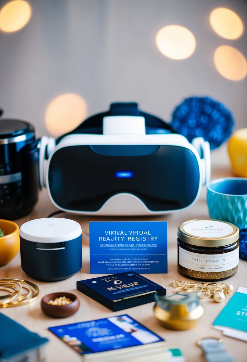 A virtual reality headset surrounded by various wedding registry items, such as kitchen appliances, home decor, and travel experiences