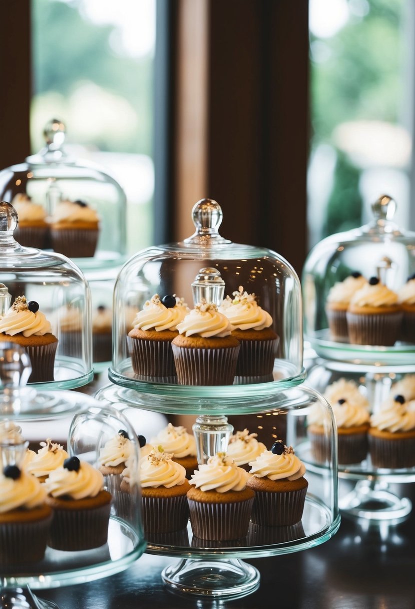 Several clear glass domes arranged in a tiered display, each showcasing a beautifully decorated wedding cupcake