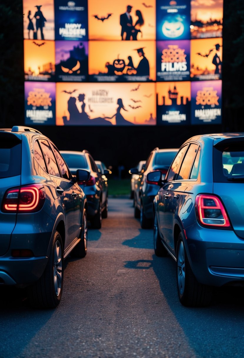 Cars parked in front of a large screen, illuminated by the glow of Halloween films. Couples cozy up in their cars, enjoying a spooky date night