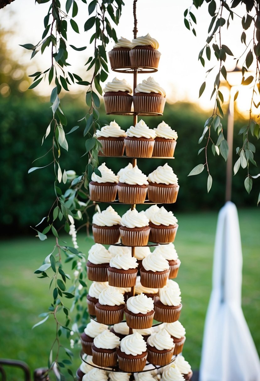 Cupcakes hang from cascading branches, forming a tower for a wedding display