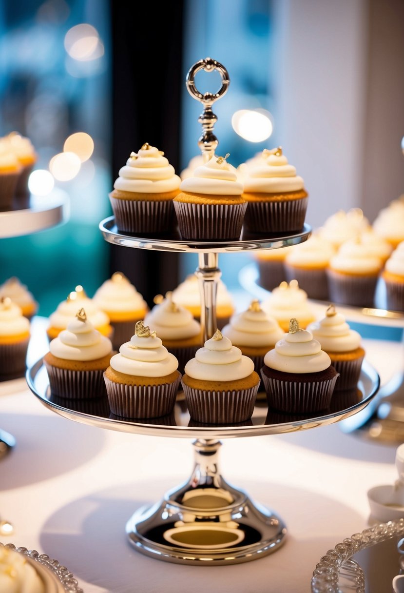 A sleek metallic stand holds a display of glamorous wedding cupcakes, catching the light and adding a touch of elegance to the dessert table