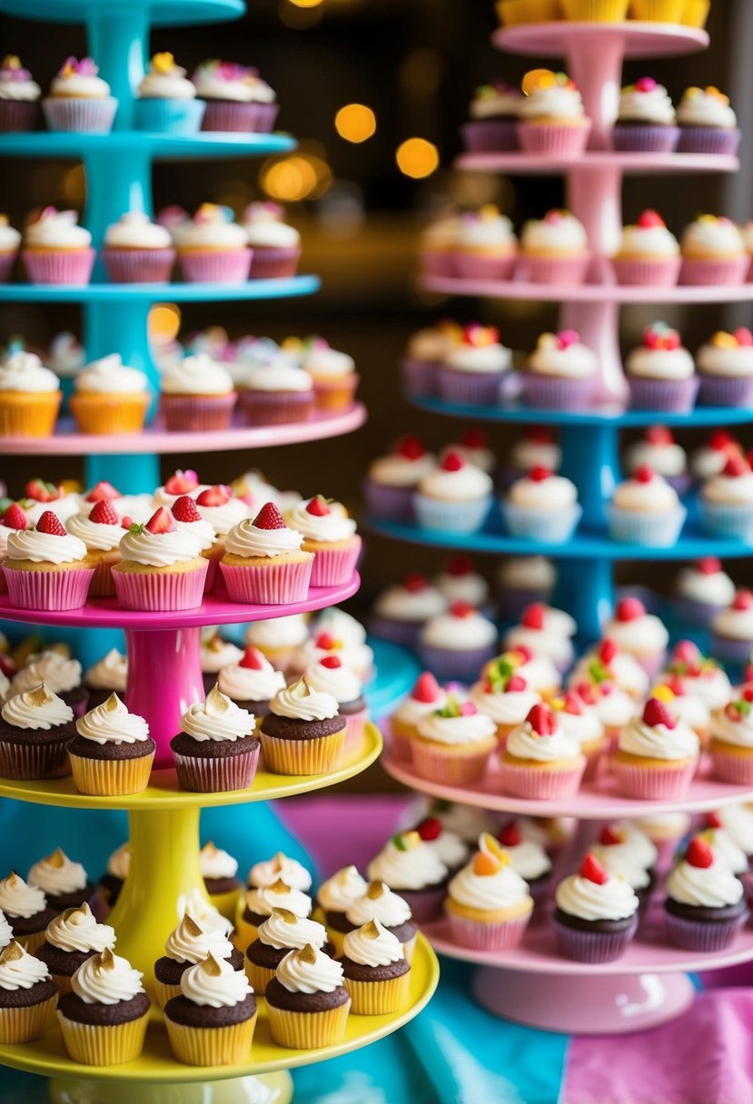 Colorful cake stands arranged in a vibrant display, showcasing an array of wedding cupcakes in various flavors and designs