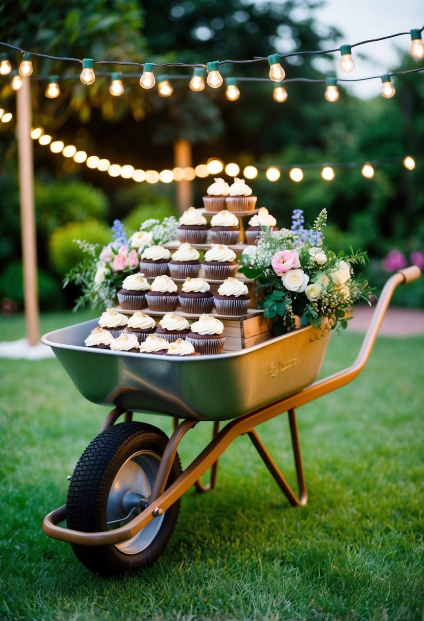 A wheelbarrow filled with cupcakes sits in a lush garden, adorned with flowers and surrounded by twinkling lights for an outdoor wedding display