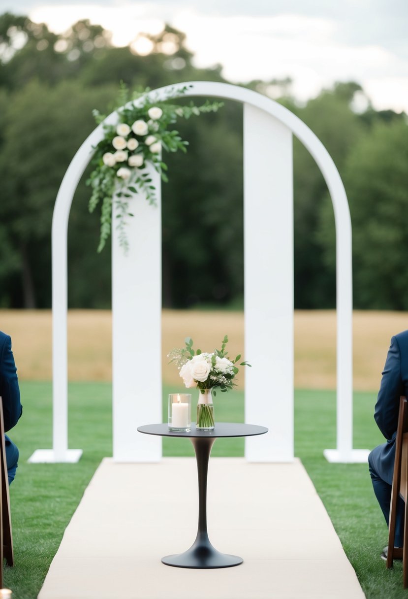 A simple wedding ceremony with a single flower bouquet, a clean and modern ceremony arch, and a small table with a single candle centerpiece