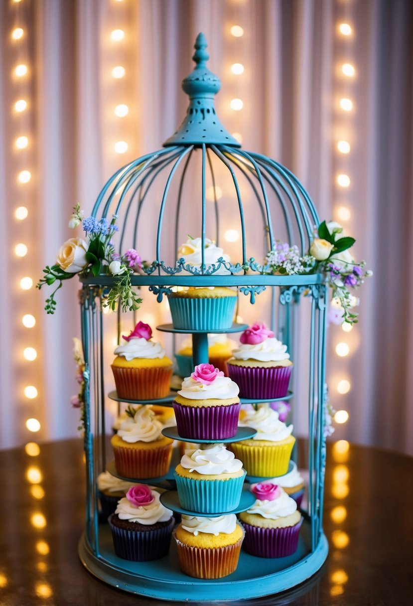 Colorful cupcakes arranged inside an ornate birdcage, adorned with delicate flowers and twinkling fairy lights, creating an enchanting wedding display