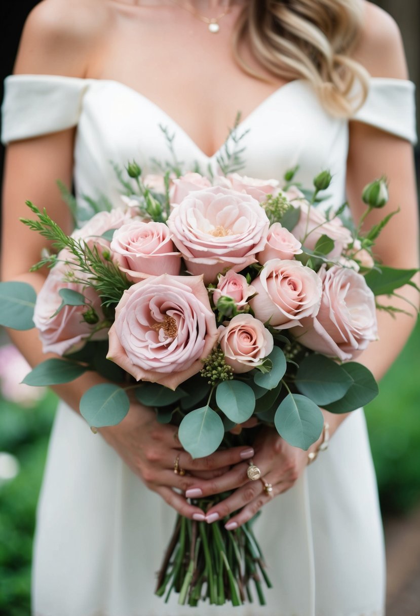 A dusty rose wedding bouquet with soft pink roses and greenery