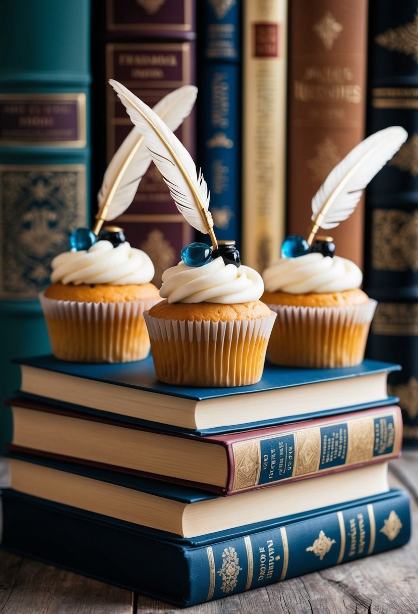 Cupcakes placed on stacked books, adorned with literary motifs like quills and inkwells, set against a backdrop of vintage book covers