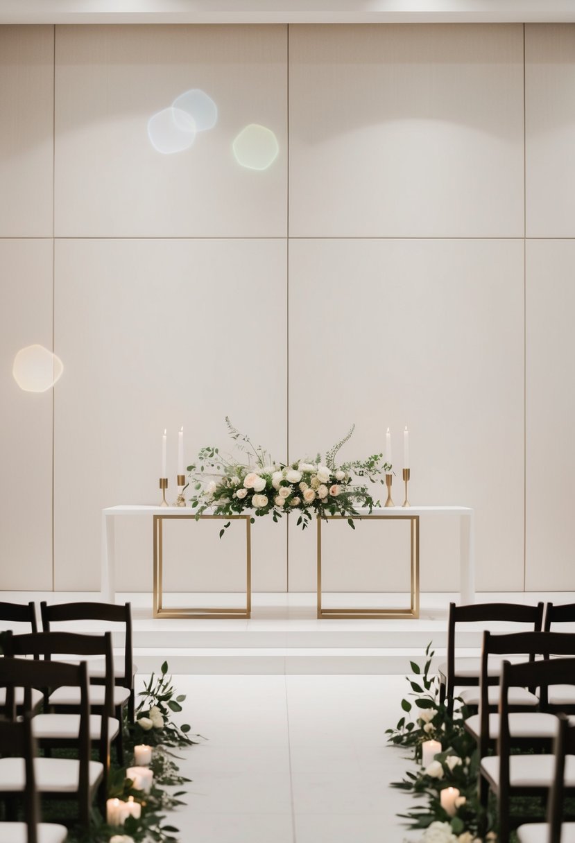 A simple, modern wedding altar with clean lines and minimal decor