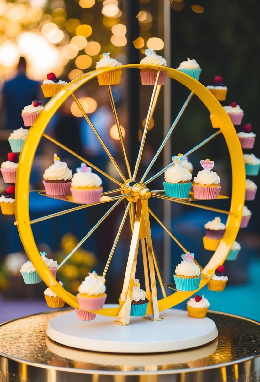 A Ferris wheel cupcake holder spins with colorful wedding cupcakes, adding playful charm to the dessert display