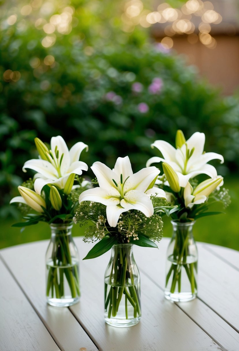 Three small, elegant bouquets of white lilies and greenery arranged on a simple wooden table