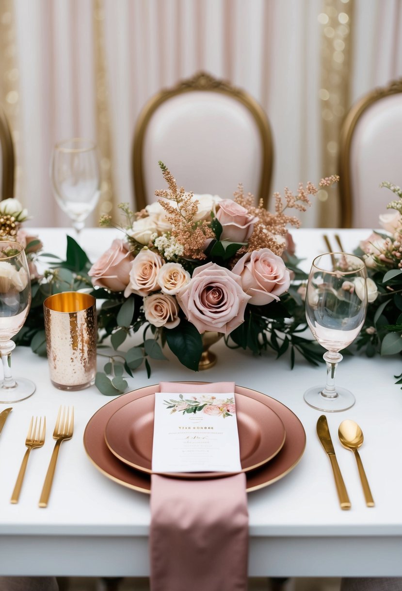 A dusty rose and gold wedding table setting with elegant floral centerpieces and shimmering gold accents