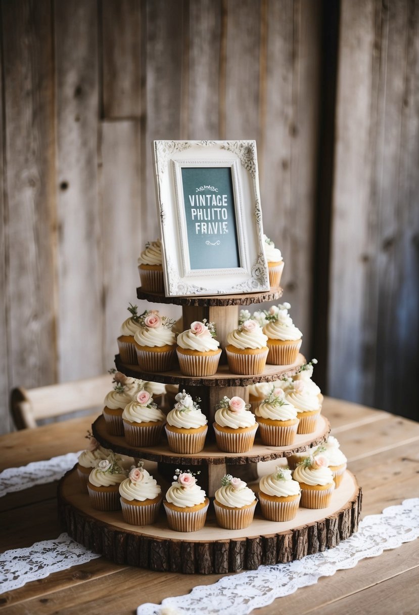 A rustic wooden table adorned with vintage photo frames stacked to create a tiered cupcake display, accented with delicate lace and floral details